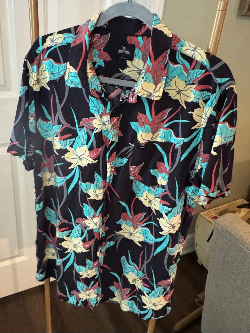 Rip Curl Black Floral Button-Down Shirt with Teal, Yellow & Red